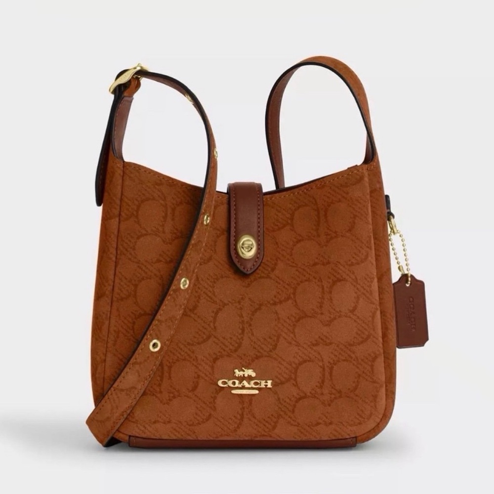 Coach Hadley Mini Crossbody Bag in Signature Suede & Leather Gold/Caramel NWT